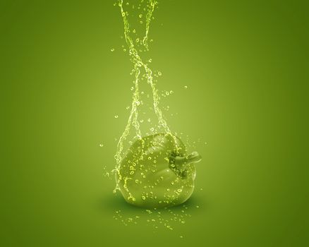 Fresh Green bell pepper with water splashes on green background.