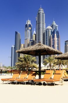 View of towers from the Marina beach, Dubai, United Arab Emirates