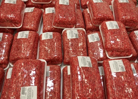 Meat products laid out and packed in a shop window
