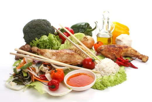 Chinese food with ingredients to make a meal