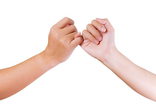 man and womam holding hands isolated on white background