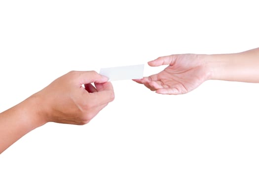 hand of man give name card to woman