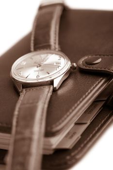 leather organizer and watch isolated (shallow DOF)