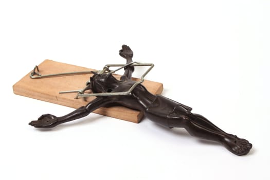 Jezus in a mousetrap against a white background
