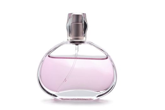 transparent bottle of pink perfume isolated