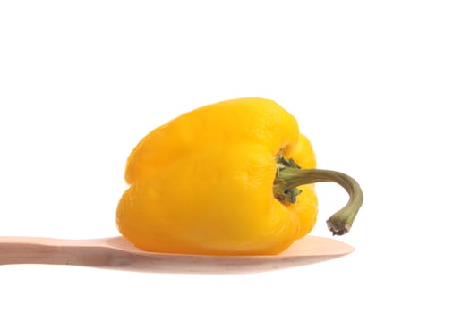 Old bell pepper simply offered on a wooden spoon isolated on a white background 