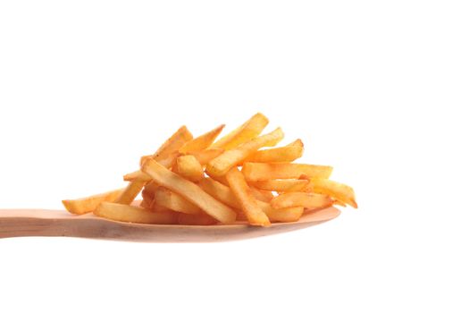 Fried potatoes  simply offered on a wooden spoon isolated on a white background 