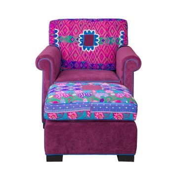 Front of Pink Fabric armchair and stool on white background isolated with path