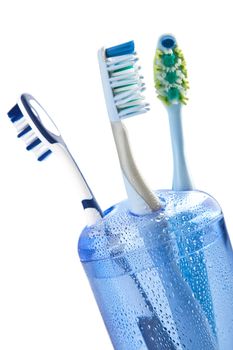 three toothbrushes in glass isolated