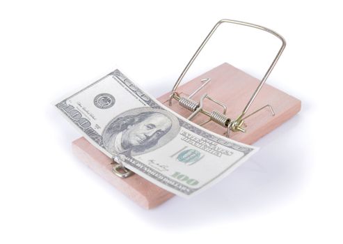 concept of money trap, a 100 dollar bill in a trap 