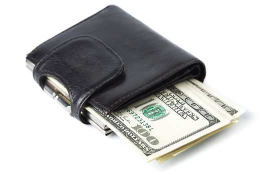 Dollar banknotes in black wallet isolated