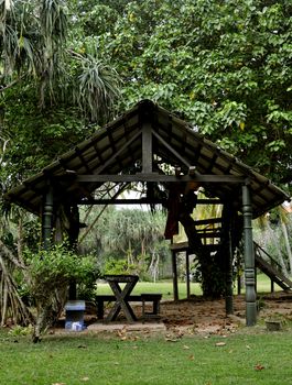 A traditional wooden hut at a spice garden in Sri Lanka