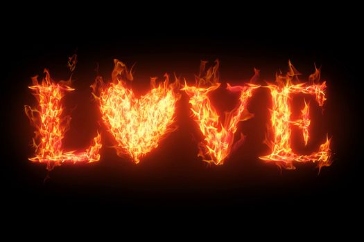 fiery word Love isolated over black