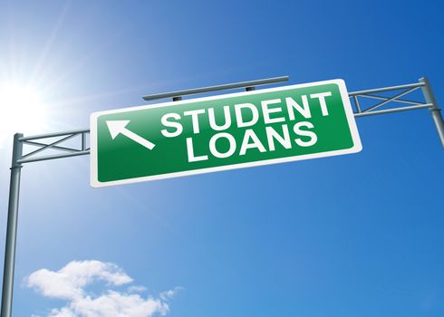 Illustration depicting a highway gantry sign with a student loans concept. Blue sky background.