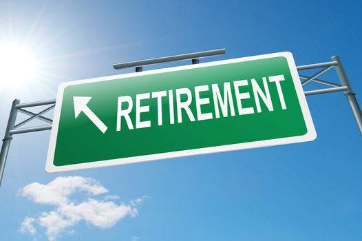 Illustration depicting a highway gantry sign with a retirement concept. Blue sky background.
