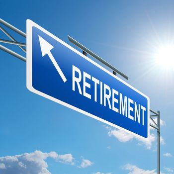 Illustration depicting a highway gantry sign with a retirement concept. Blue sky background.