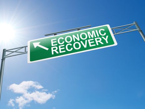 Illustration depicting a highway gantry sign with an economic recovery concept. Blue sky background.