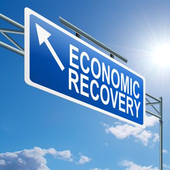 Illustration depicting a highway gantry sign with an economic recovery concept. Blue sky background.