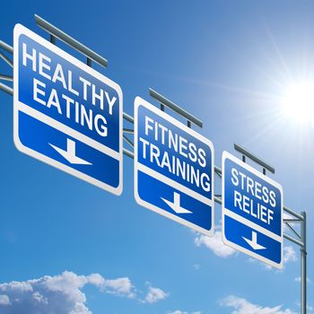 Illustration depicting a highway gantry sign with a healthy lifestyle concept. Blue sky background.