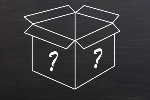 Open box with question marks drawn with white chalk on smudged blackboard background