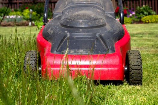 Lawnmower in a home flower garden