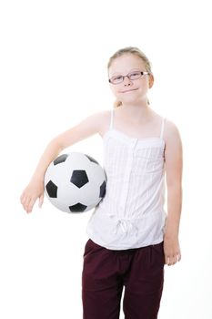 preteen girl holding soccer ball isolated on white