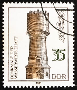 GDR - CIRCA 1986: a stamp printed in GDR shows Berlin Altglienicke Water Tower, Monuments to Water Power, circa 1986