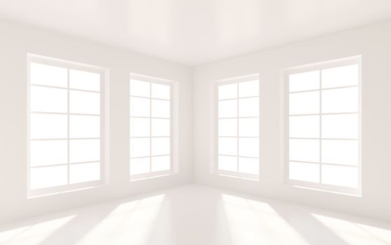 3d Illustration of White Room Interior with Windows