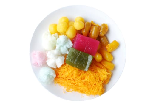 Mixed of Thai dessert on dish isolated white