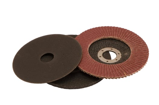 Special angle grinder sander discs for grinding and cutting isolated on a white background. Construction industry tools.