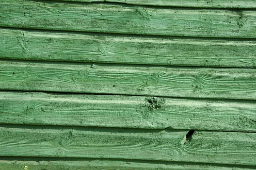 Background of old wooden board wall painted green closeup.