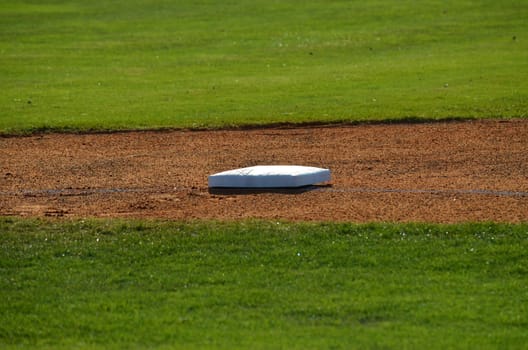 a cloeup view of second base before the start of a game.