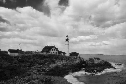 Portland Head Light Lighthouse shown in black and white