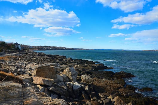 Coastal view of the Maine shore with bright blue skys.