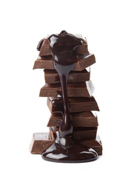 syrup being poured onto chocolate pieces isolated

