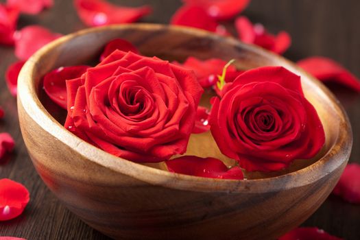 roses in wooden bowl 