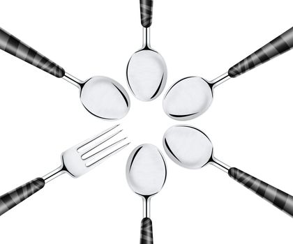 Fork between set of spoons isolated on white background.