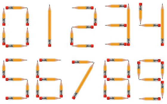 short Pencils isolated on white background arranged to create shape of numbers