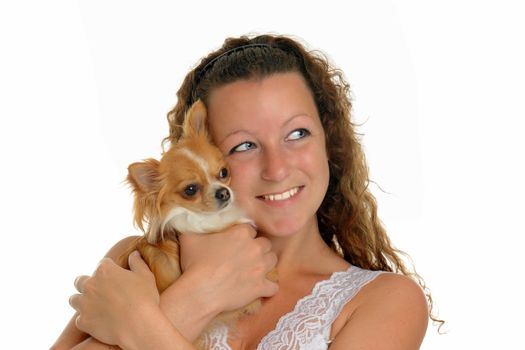 woman and  her chihuahua in front of white background