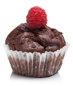 chocolate muffin with raspberry isolated
