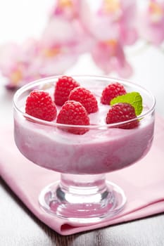 dessert with fresh raspberries 
