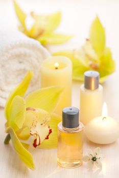 spa set with essential oils and flowers