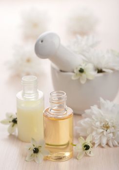 flower essential oil and mortar