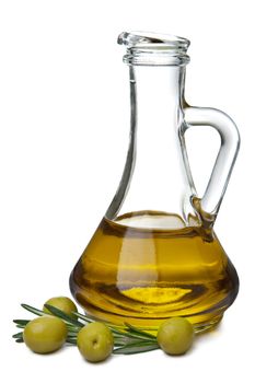 olive oil in bottle and olives isolated