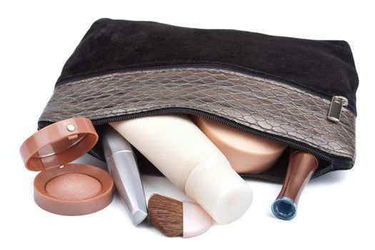 various cosmetics in bag isolated 