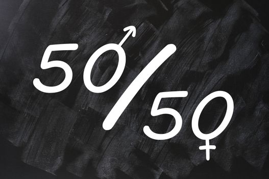 fifty percent - concept of gender equal opportunity or representation in political and public life sketched with white chalk on blackboard