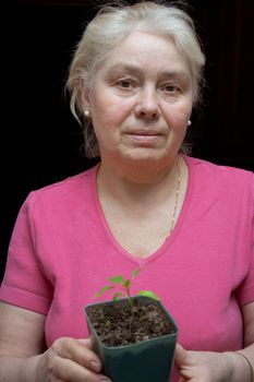 An elderly woman holding a pot with seedling