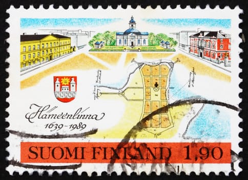 FINLAND - CIRCA 1989: a stamp printed in the Finland shows Hameenlinna, 350th Anniversary of Township, Finland, circa 1989