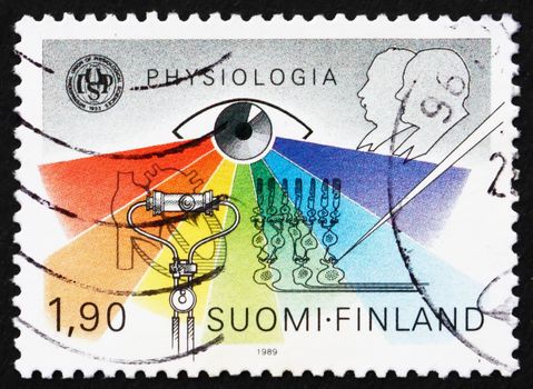 FINLAND - CIRCA 1989: a stamp printed in the Finland shows Emblem of 31st International Physiology Congress, Basel, Switzerland, circa 1989