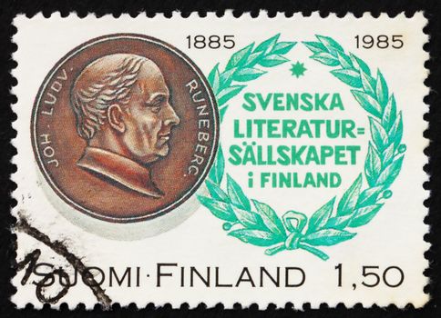 FINLAND - CIRCA 1985: a stamp printed in the Finland shows Johan Ludvig Runeberg, poet, 100th Anniversary of Society of Swedish Literature in Finland, circa 1985
